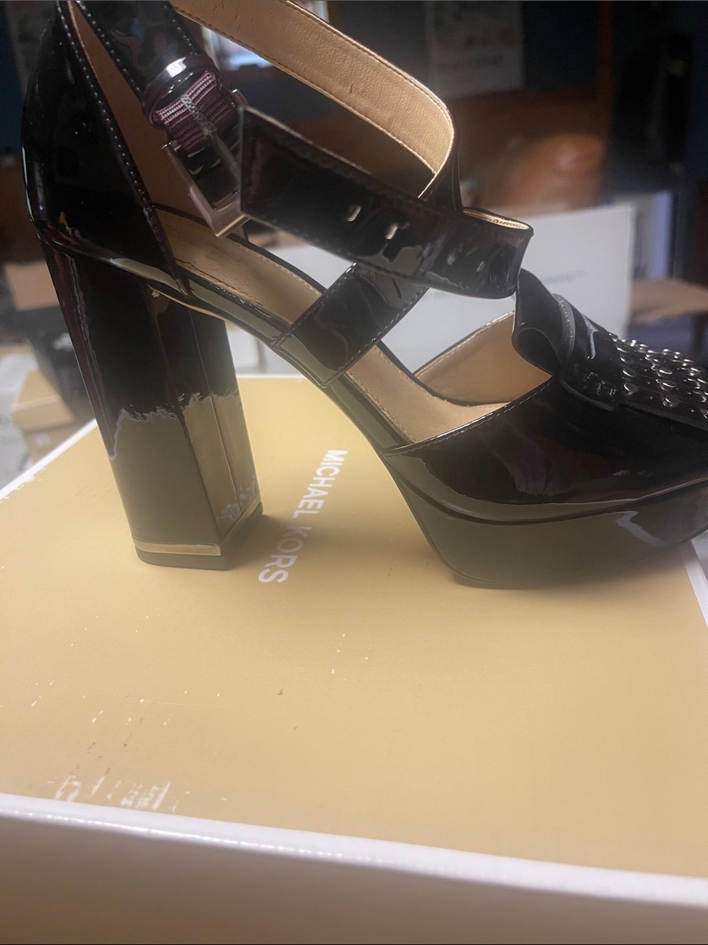 Michael Kors Women's dark maroon Patent Platform Block Heel Sandals